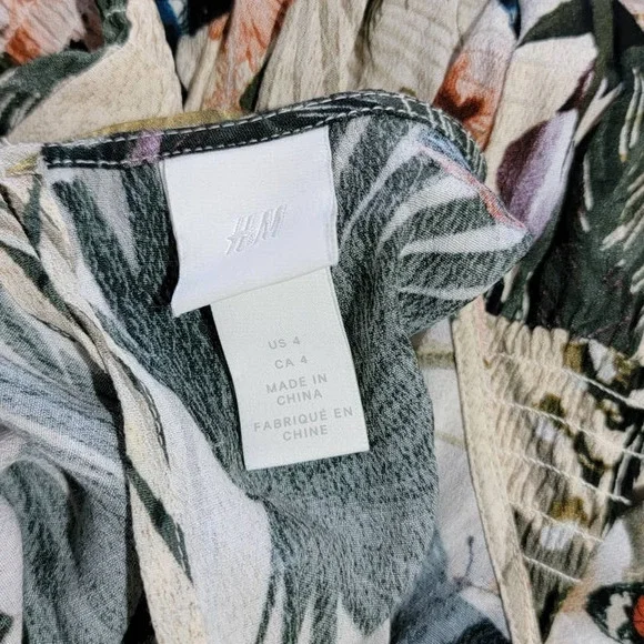 H&M Tropical Safari Bird Palm Leaf Butterfly Floral Print Dress Size 4 - Picture 7 of 9